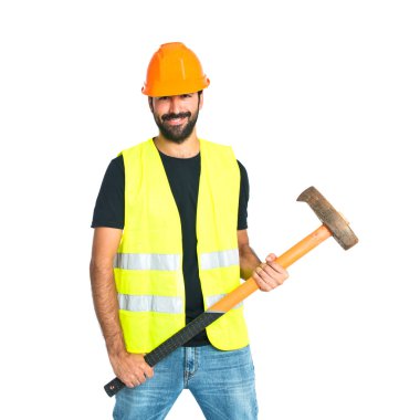 Beyaz arka plan üzerinde balta ile işçi