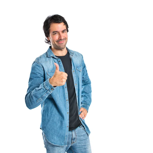 Hombre con pulgar hacia arriba sobre fondo blanco —  Fotos de Stock