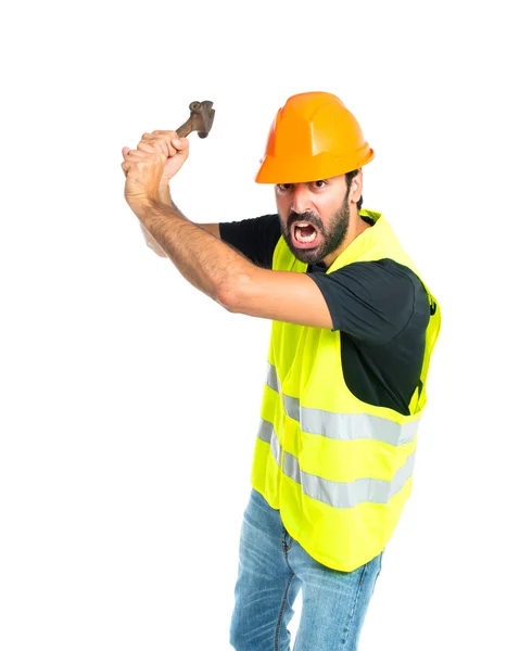 Obrero con llave inglesa sobre fondo blanco — Foto de Stock