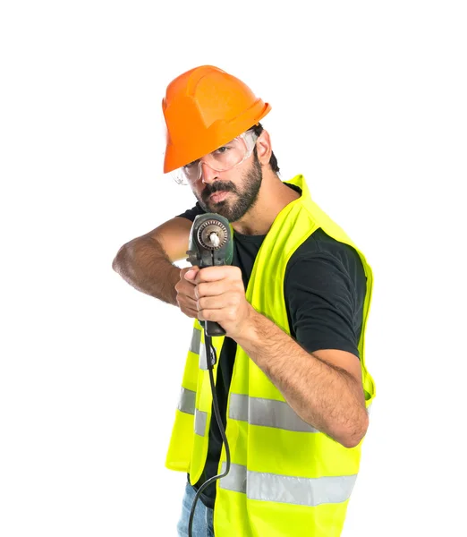 Workman with drill over white background — Stock Photo, Image