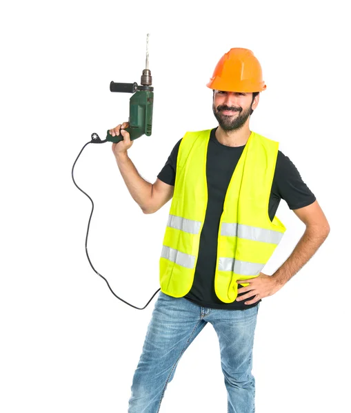 Workman with drill over white background — Stock Photo, Image