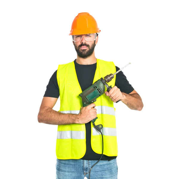 Workman with drill over white background — Stock Photo, Image