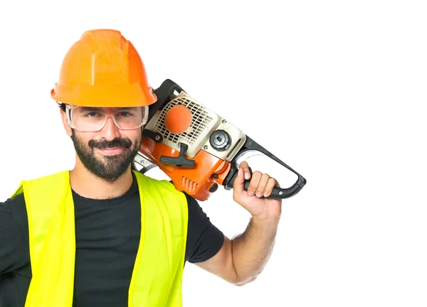 Workman with chainsaw over white background — Stock Photo, Image