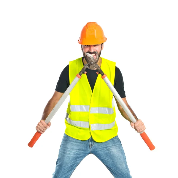 Workman with scissors mower over white background — Stock Photo, Image