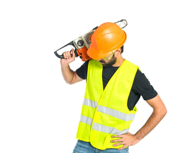 Workman with chainsaw over white background — Stock Photo, Image