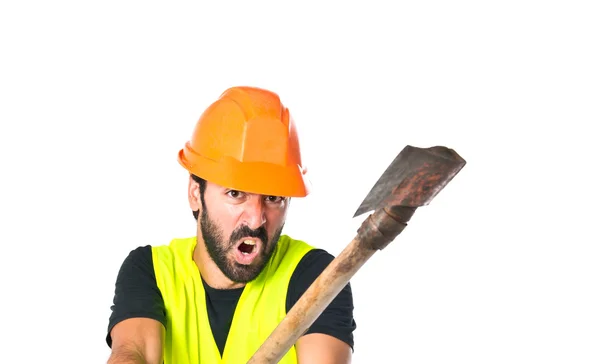 Workman with ax over white background — Stock Photo, Image