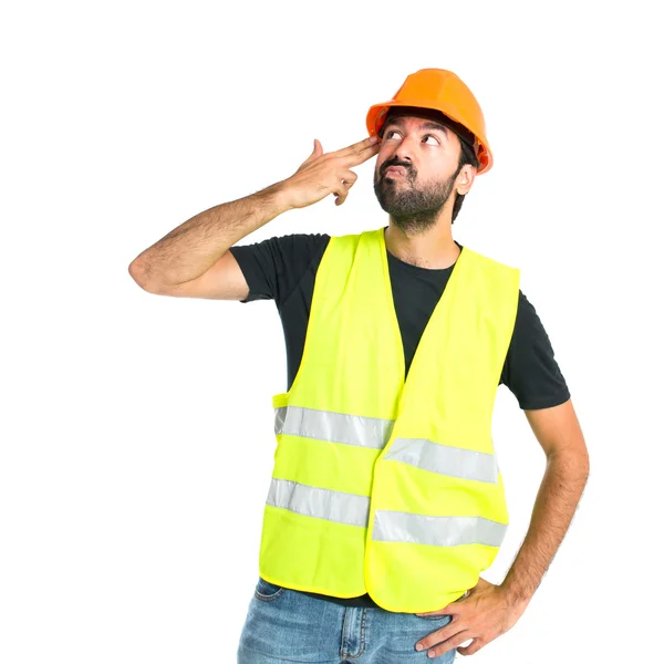 Workman maken zelfmoord gebaar op witte achtergrond — Stockfoto