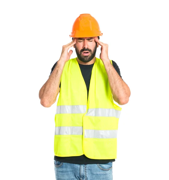 Frustrated workman over isolated white background — Stock Photo, Image