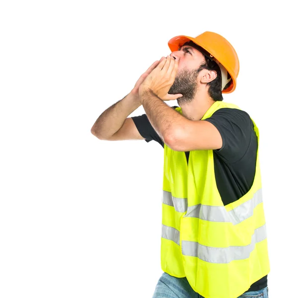 Workman shouting over isolated white background — Stock Photo, Image