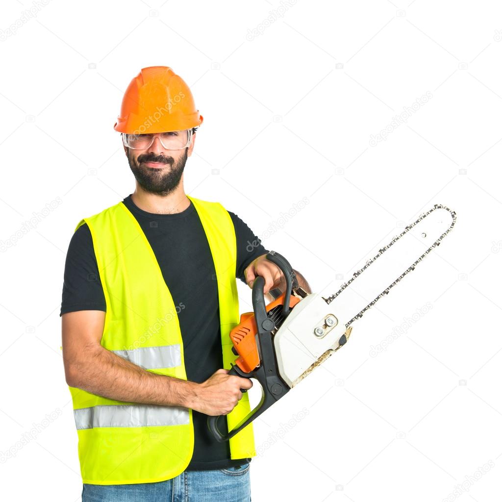 Workman with chainsaw over white background