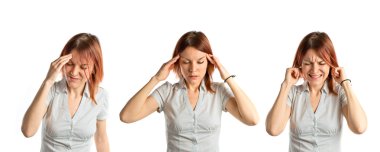 izole beyaz arka plan üzerinde baş ağrısı ile şirin kız