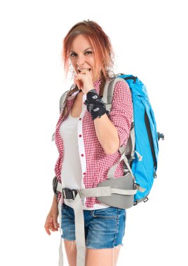 frustrated backpacker over isolated white background