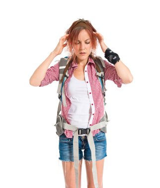 frustrated backpacker over isolated white background