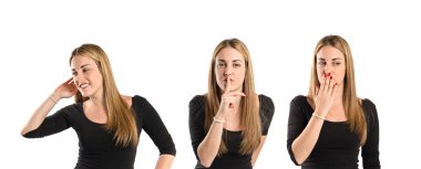 genç kadın izole beyaz arka plan üzerinde dinleme 