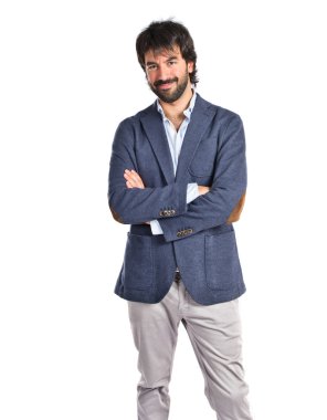 Yakışıklı adam kollarını ile beyaz arka plan üzerinde çarpı işareti