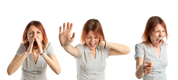 Pretty girl shouting while cover her ear — Stock Photo, Image