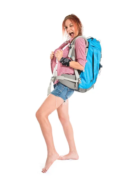 Pretty backpacker over isolated white background — 图库照片