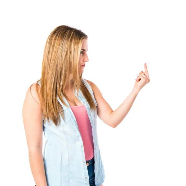 Menina fazendo chifre gesto sobre fundo branco — Fotografia de Stock