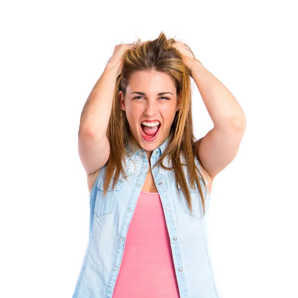 Frustrado chica sobre aislado blanco fondo —  Fotos de Stock