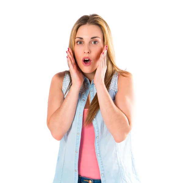 Meisje doen verrassing gebaar op witte achtergrond — Stockfoto