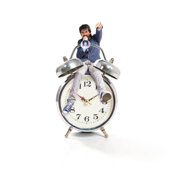 Man shouting on vintage clock — Stock Photo, Image