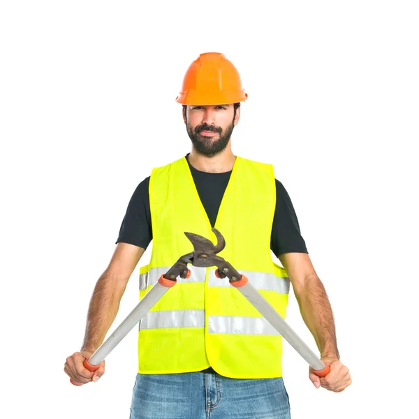 Workman with scissors mower over white background — Stock Photo, Image