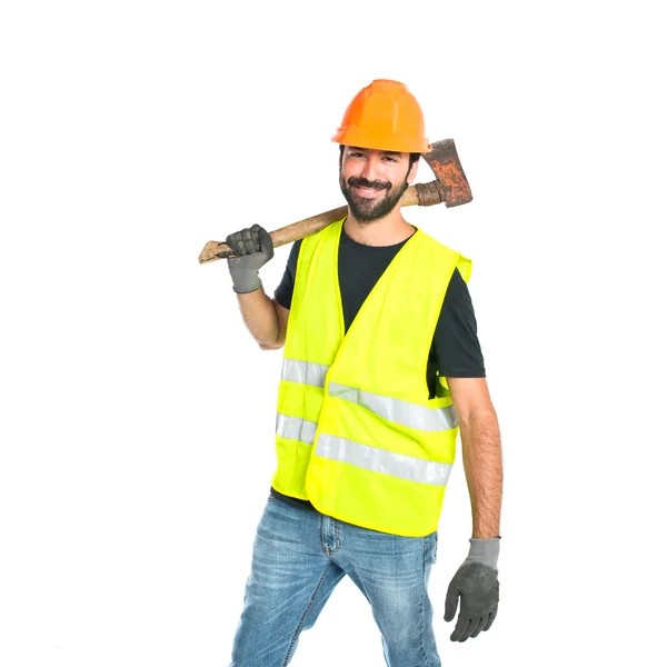 Workman with ax over white background — Stock Photo, Image