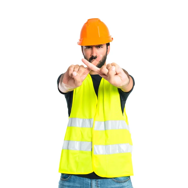 Workman doing NO gesture over white background — Stock Photo, Image