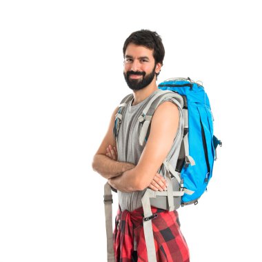 Backpacker kolları beyaz arka plan üzerinde çarpı işareti