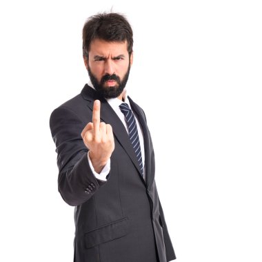 Beyaz arka plan üzerinde işadamı yapım boynuz jest