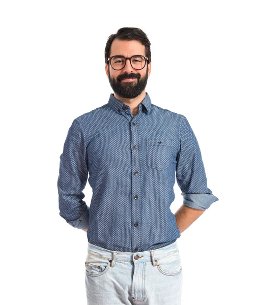 Glad ung hipster man över vit bakgrund — Stockfoto