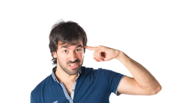 Mann macht verrückte Geste vor weißem Hintergrund — Stockfoto