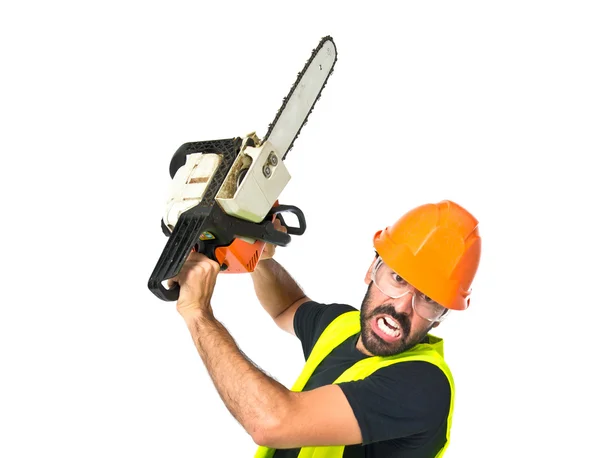 Workman with chainsaw over white background — Stock Photo, Image