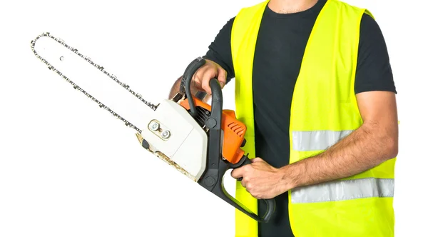 Workman with chainsaw over white background — Stock Photo, Image