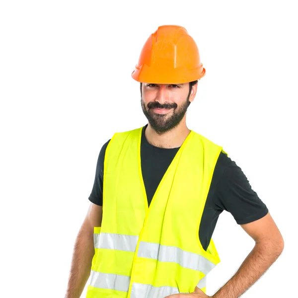 Workman met kettingzaag op witte achtergrond — Stockfoto