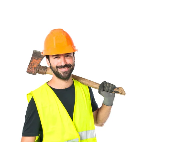 Workman com machado sobre fundo branco — Fotografia de Stock