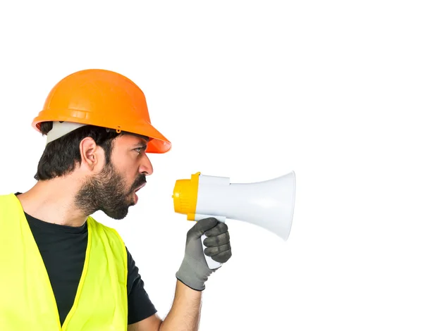 Arbeiter schreit über isolierten weißen Hintergrund — Stockfoto