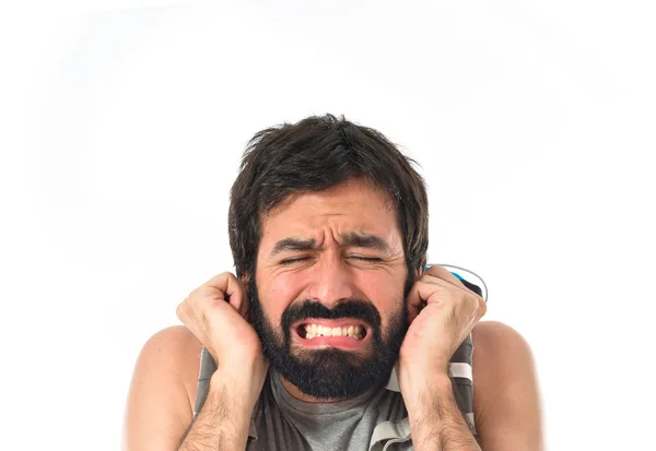 Zaino in spalla frustrato su sfondo bianco isolato — Foto Stock