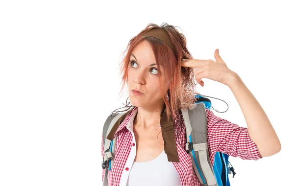 Backpacker making suicide gesture over white background — Stock Photo, Image