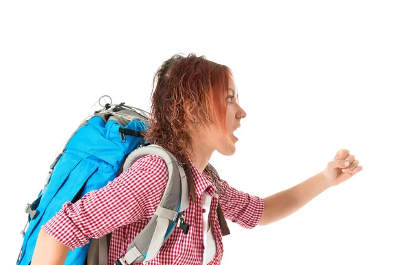 Backpacker running fast over white background — Stock Photo, Image