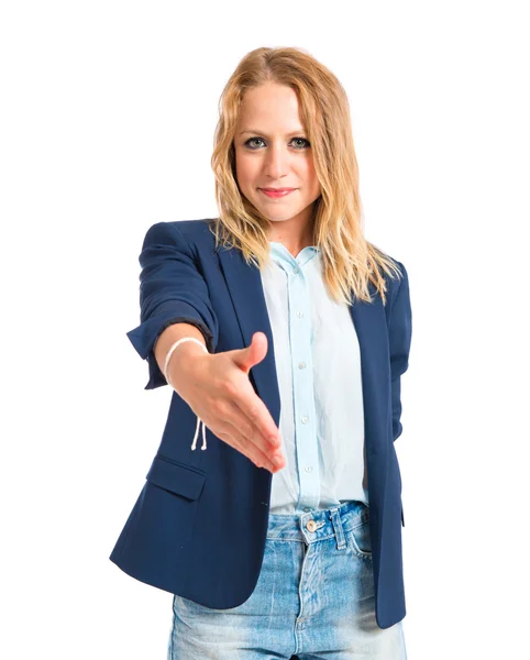 Junge Frau macht einen Deal über isolierten weißen Hintergrund — Stockfoto