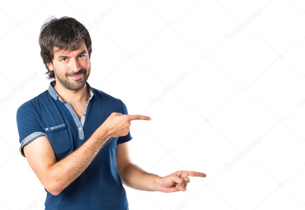 Man pointing over white background