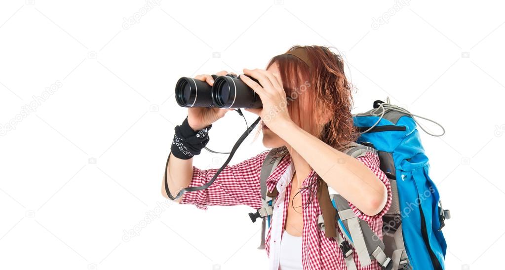 girl looking through binoculars over white background