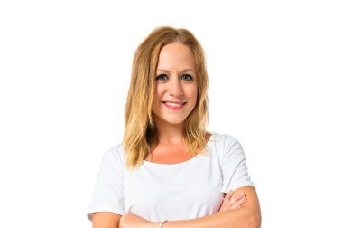 Kadın kollarını ile beyaz arka plan üzerinde çarpı işareti