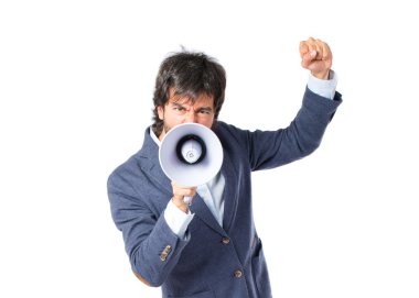 İzole beyaz arka plan üzerinde bağırarak işadamı