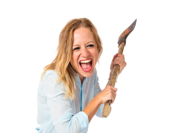 Pretty girl with ax over white background — Stock Photo, Image