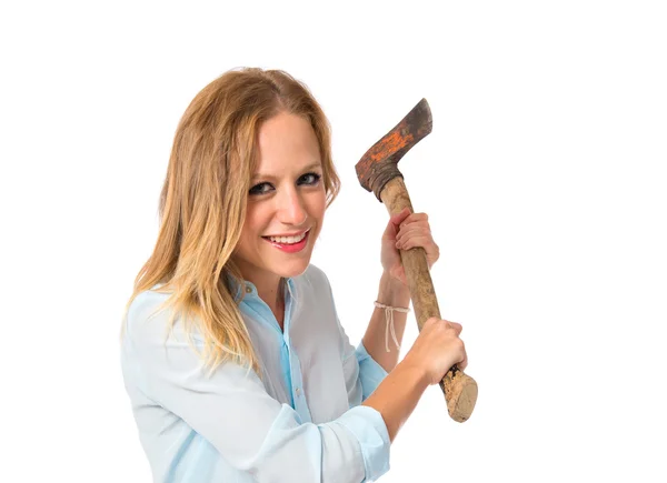 Pretty girl with ax over white background — Stock Photo, Image