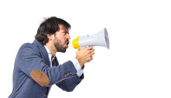 Businessman shouting over isolated white background — Stock Photo, Image