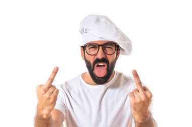 Şef yapım boynuz jest beyaz arka plan üzerinde