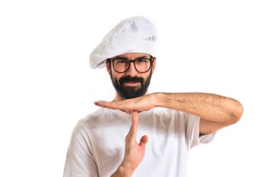 Şef yapım zaman aşımı jest beyaz arka plan üzerinde